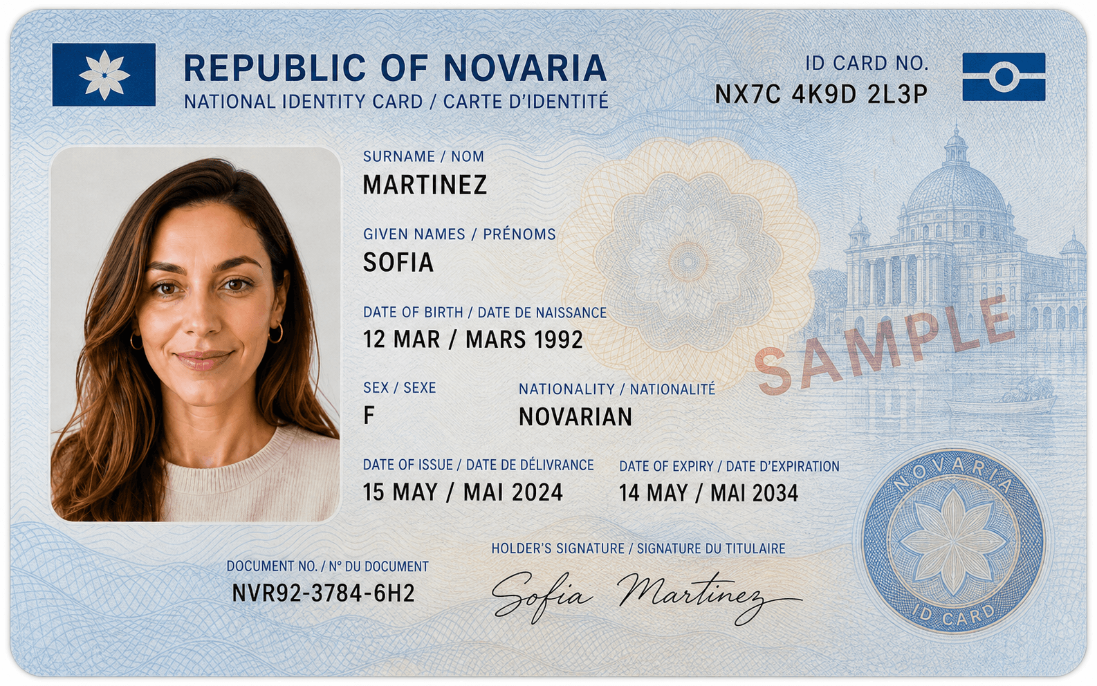 Fictional sample identity card for Sofia Martinez