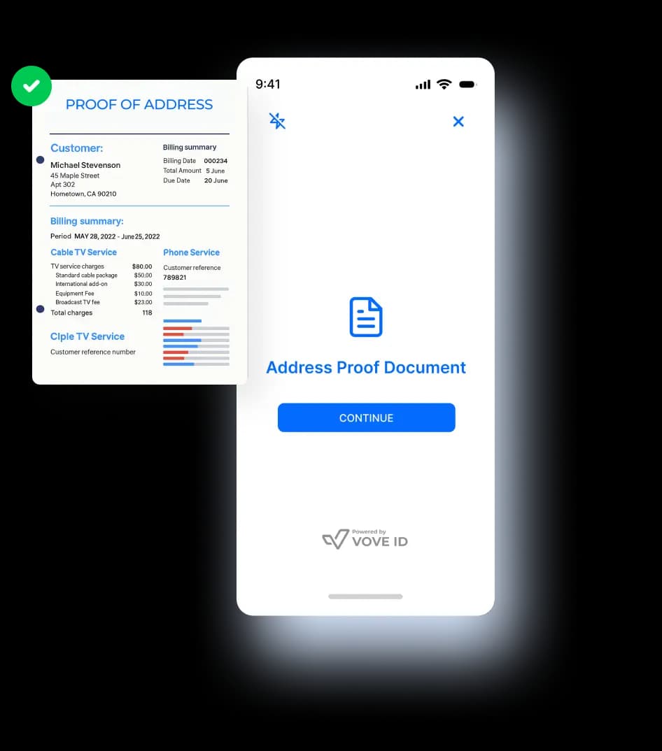 A screenshot of the VOVE ID dashboard for Business Verification. The main panel shows a list of businesses. A pop-up window on the right displays detailed Business Information and Ultimate Beneficial Owners for a selected entry.