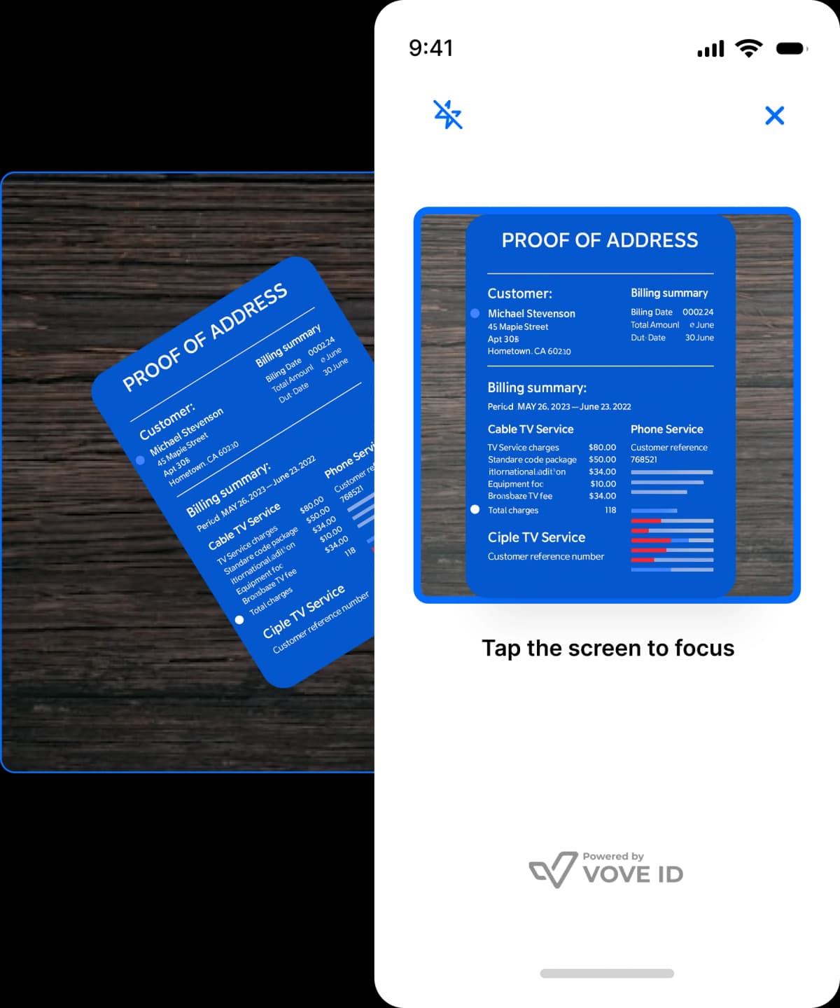 A screenshot of a web dashboard for VOVE ID's business verification service. The page is titled Business Verification and highlights a secure KYB (Know Your Business) process with options for AI-generated or manual flows.